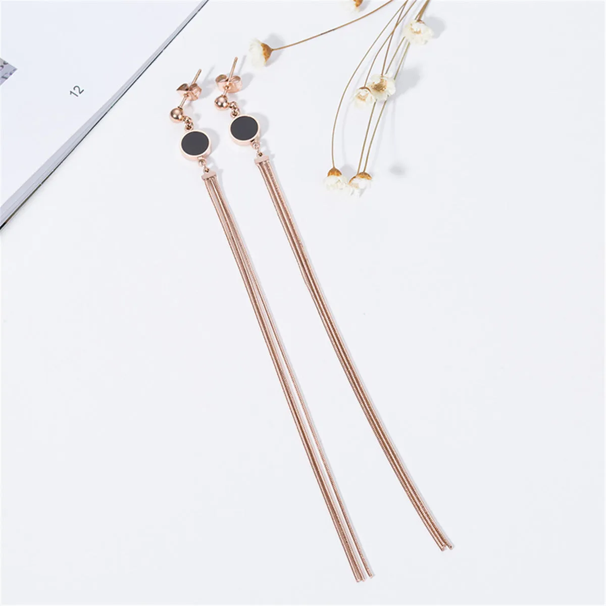 Black Acrylic & 18K Rose Gold-Plated Long Tassel Drop Earrings