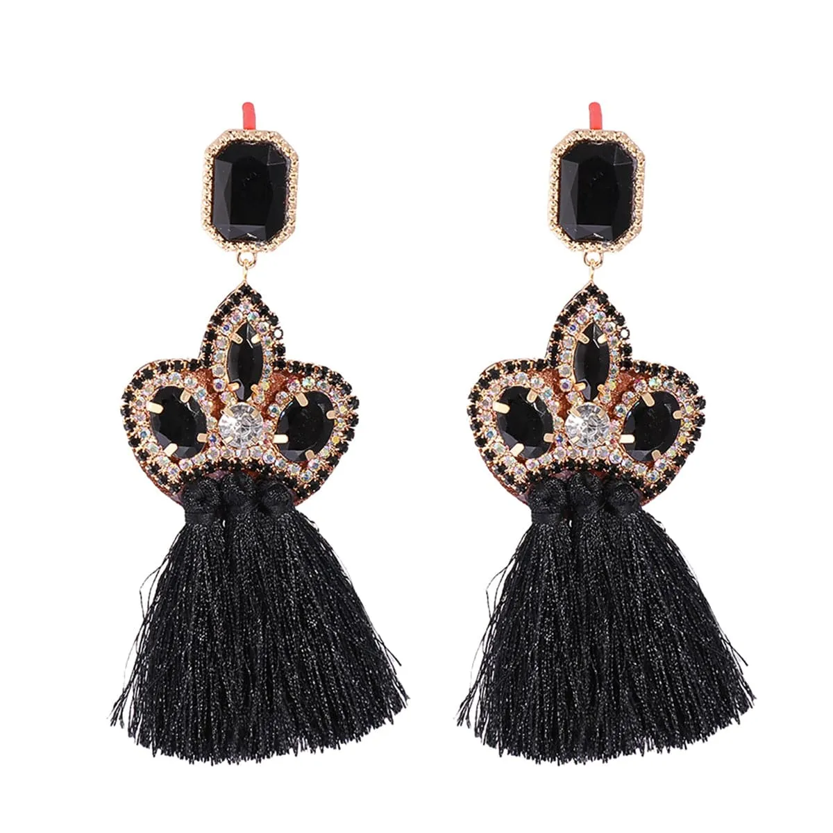 Black Crystal & Cubic Zirconia 18K Gold-Plated Polyster-Tassel Drop Earrings