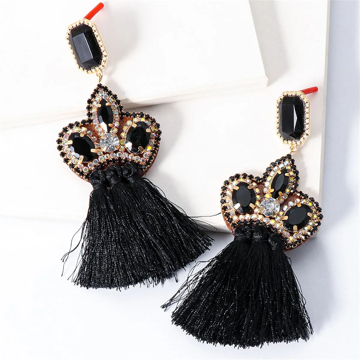 Black Crystal & Cubic Zirconia 18K Gold-Plated Polyster-Tassel Drop Earrings