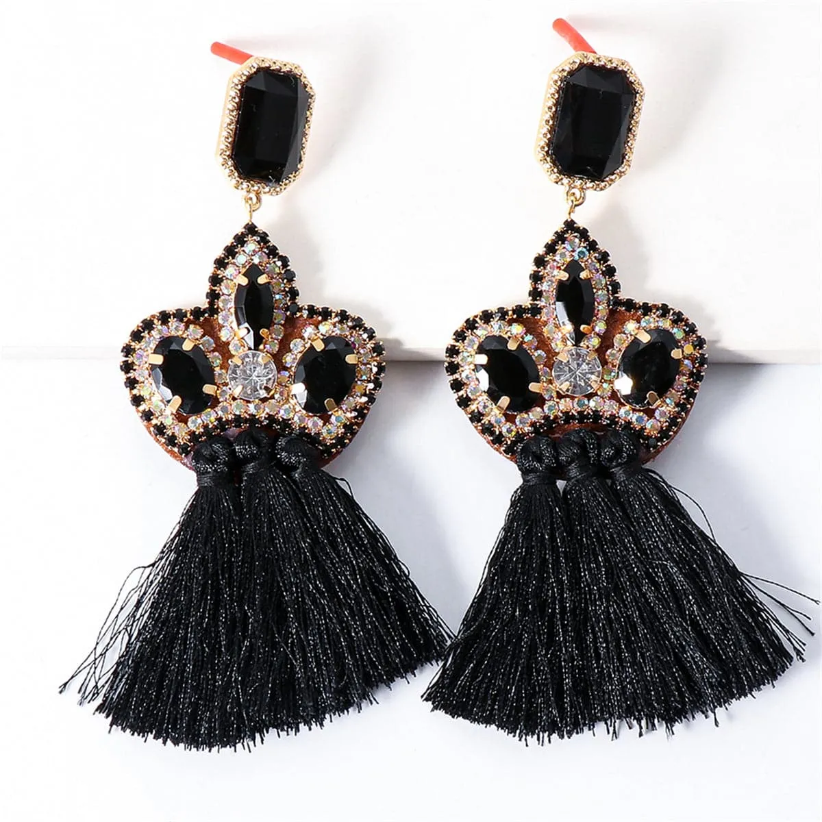 Black Crystal & Cubic Zirconia 18K Gold-Plated Polyster-Tassel Drop Earrings