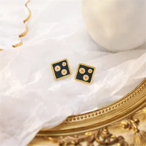 Black Enamel & 18K Gold-Plated Three Mums Square Stud Earrings