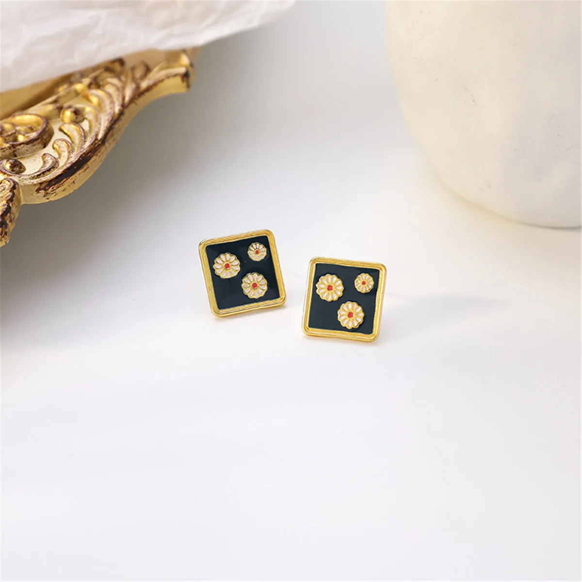 Black Enamel & 18K Gold-Plated Three Mums Square Stud Earrings