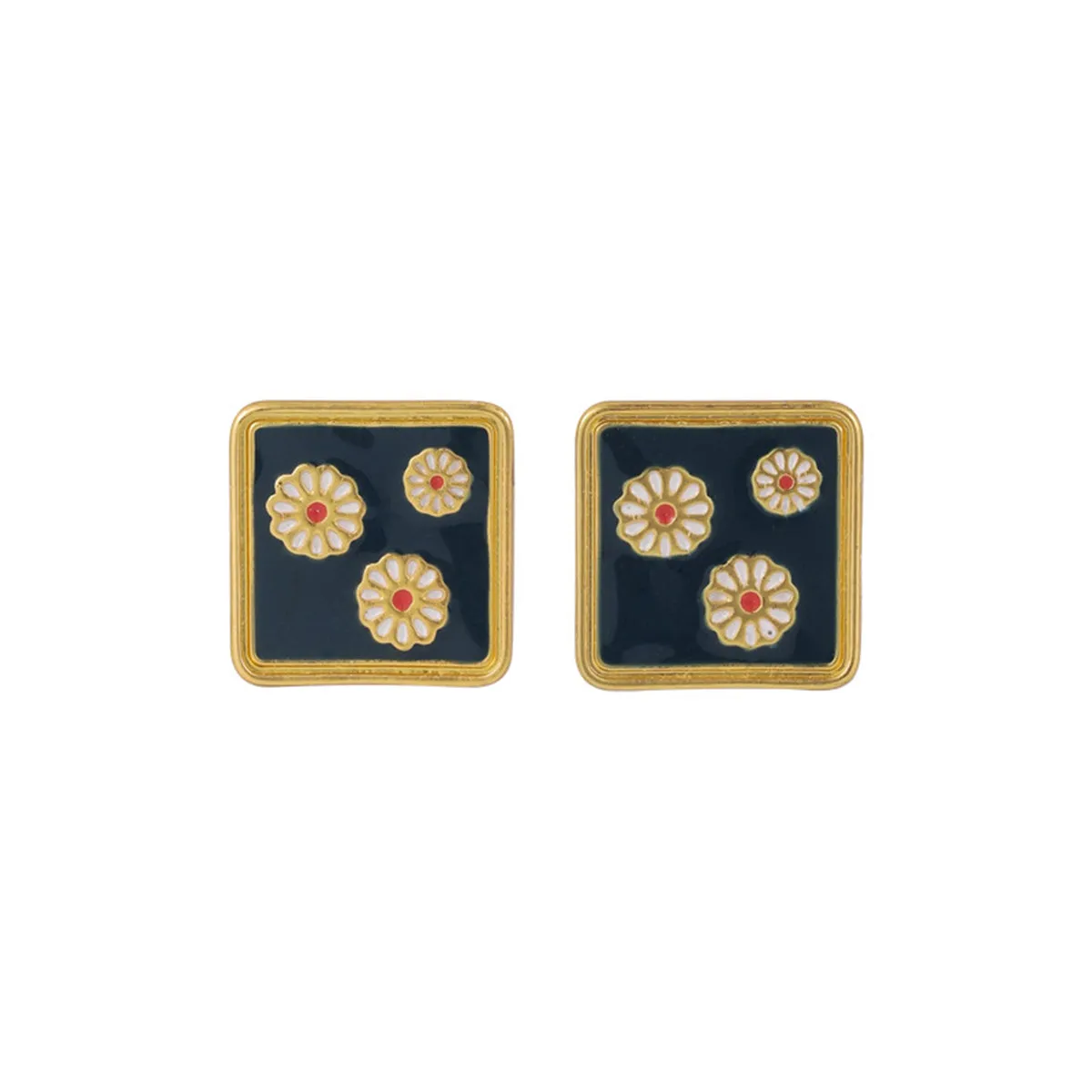 Black Enamel & 18K Gold-Plated Three Mums Square Stud Earrings