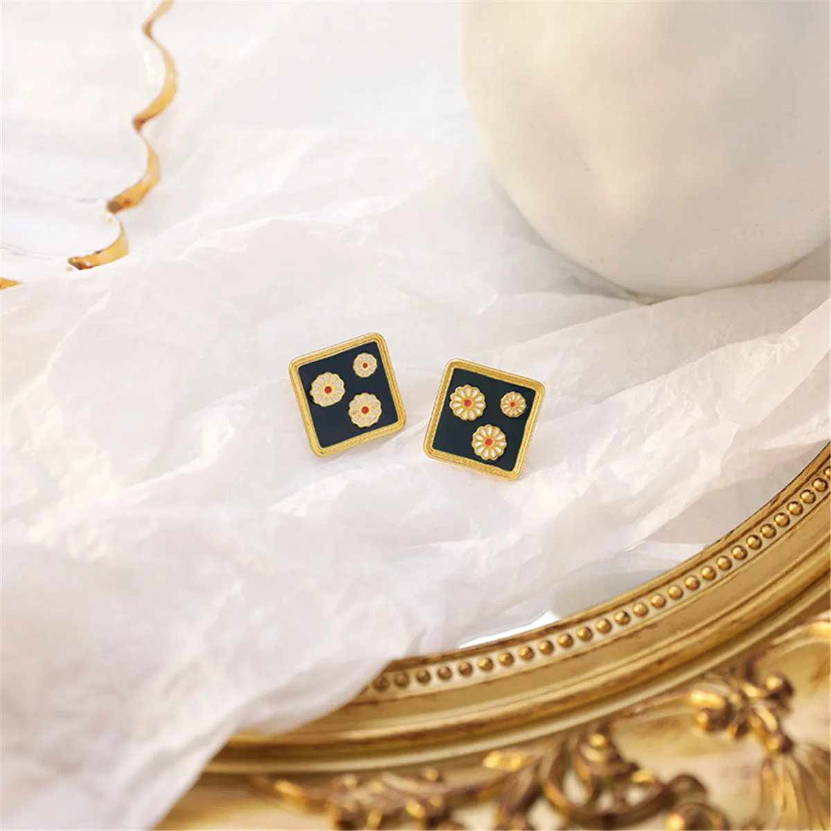Black Enamel & 18K Gold-Plated Three Mums Square Stud Earrings