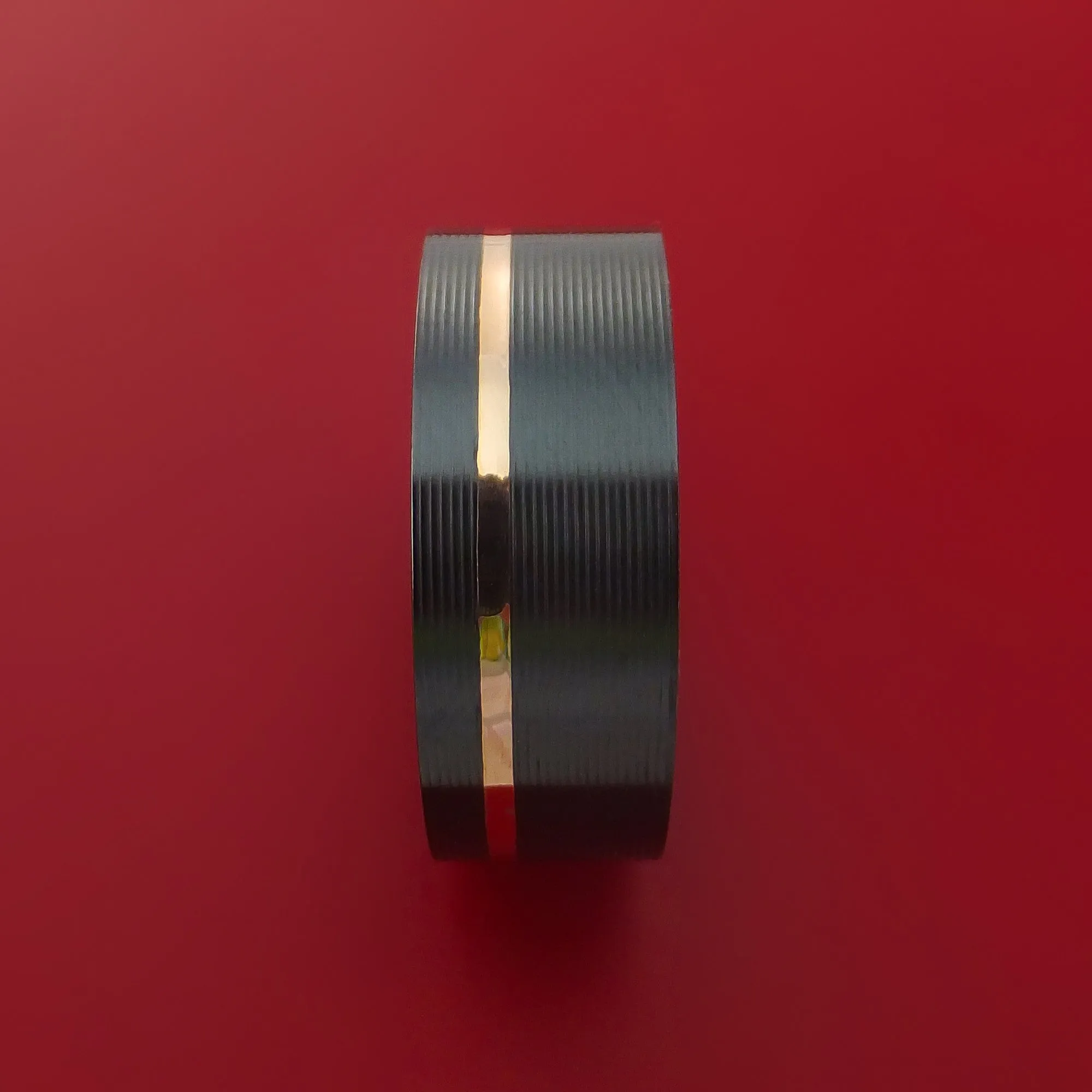 Black Zirconium Ring Textured Pattern Band with Rose Gold Inlay Made to Any Sizing and Finish