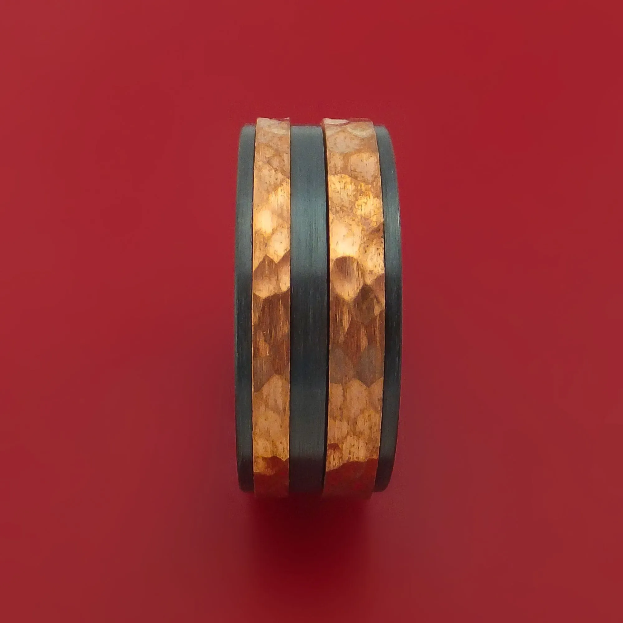 Black Zirconium Ring with Raised Hammered Copper Inlays Custom Made Band
