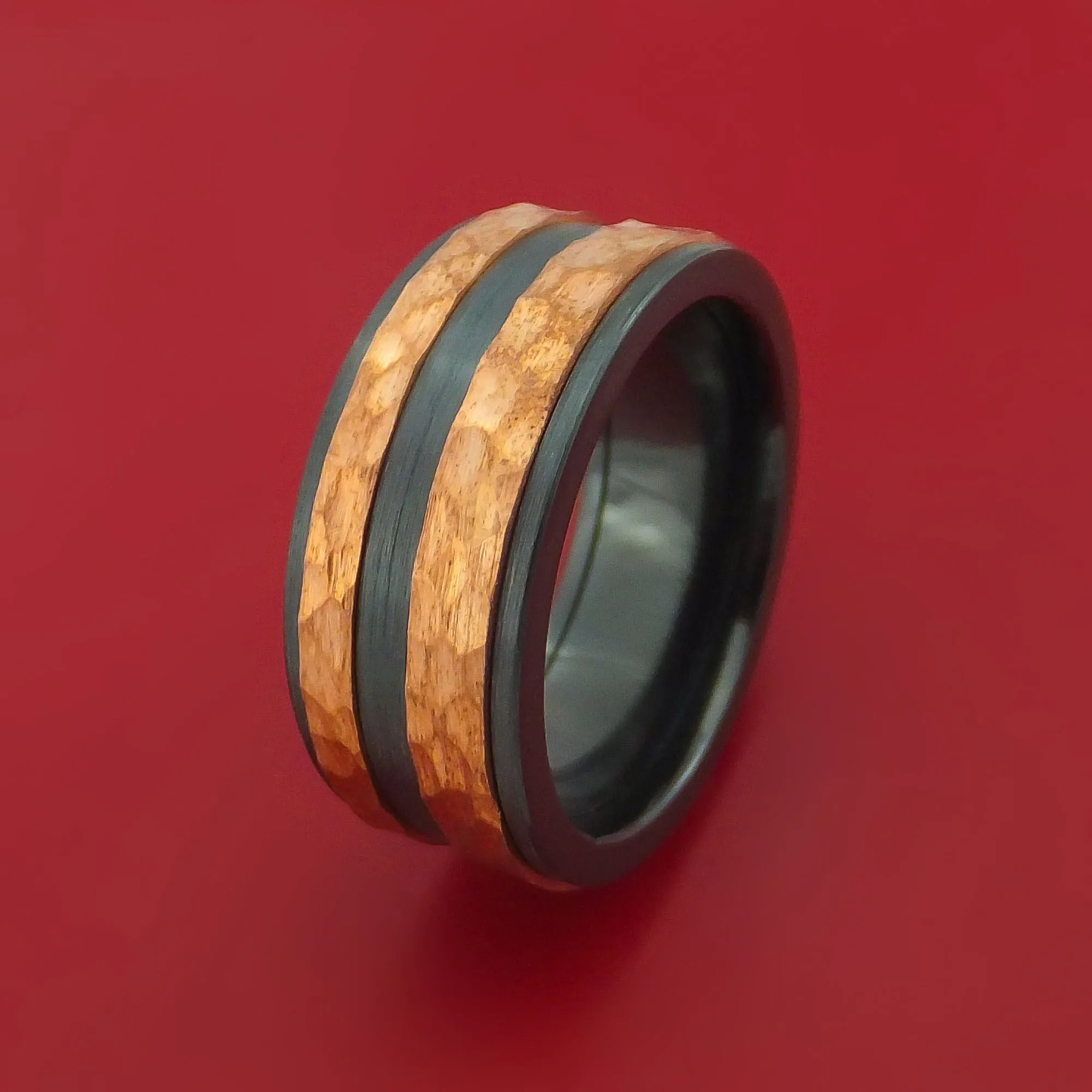 Black Zirconium Ring with Raised Hammered Copper Inlays Custom Made Band