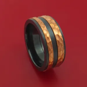 Black Zirconium Ring with Raised Hammered Copper Inlays Custom Made Band
