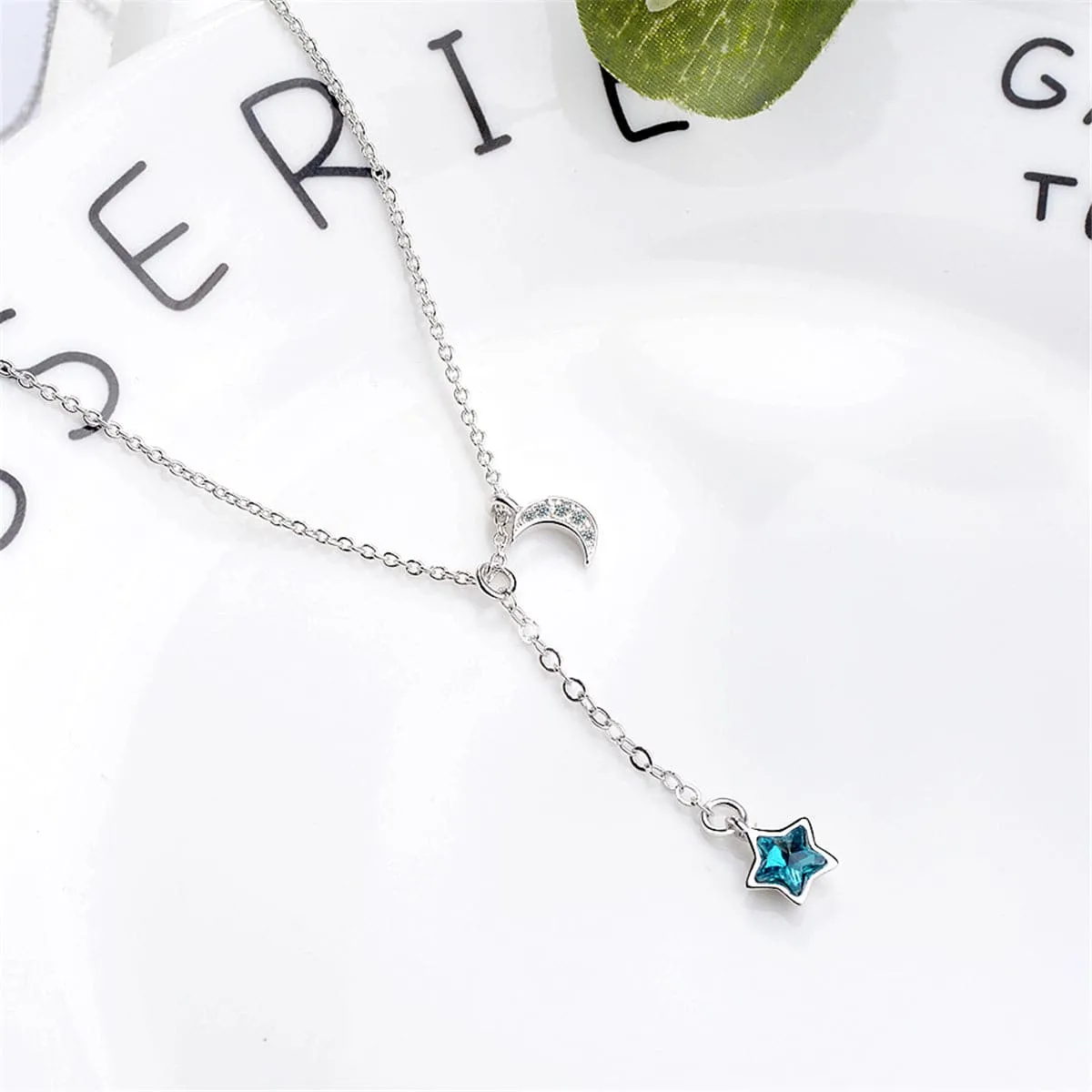 Blue Crystal & Cubic Zirconia Moon Pendant Necklace