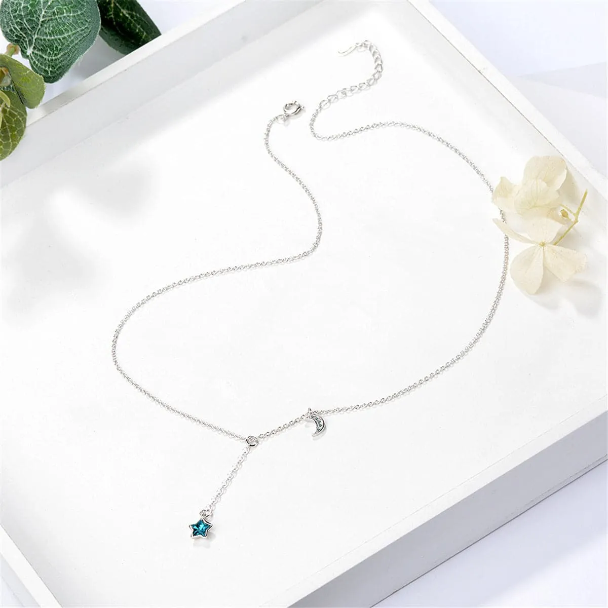 Blue Crystal & Cubic Zirconia Moon Pendant Necklace