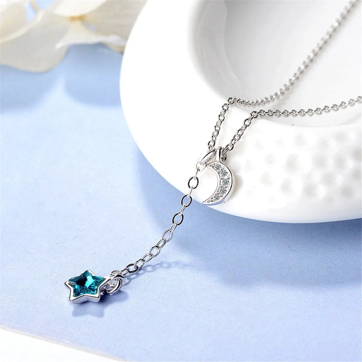 Blue Crystal & Cubic Zirconia Moon Pendant Necklace