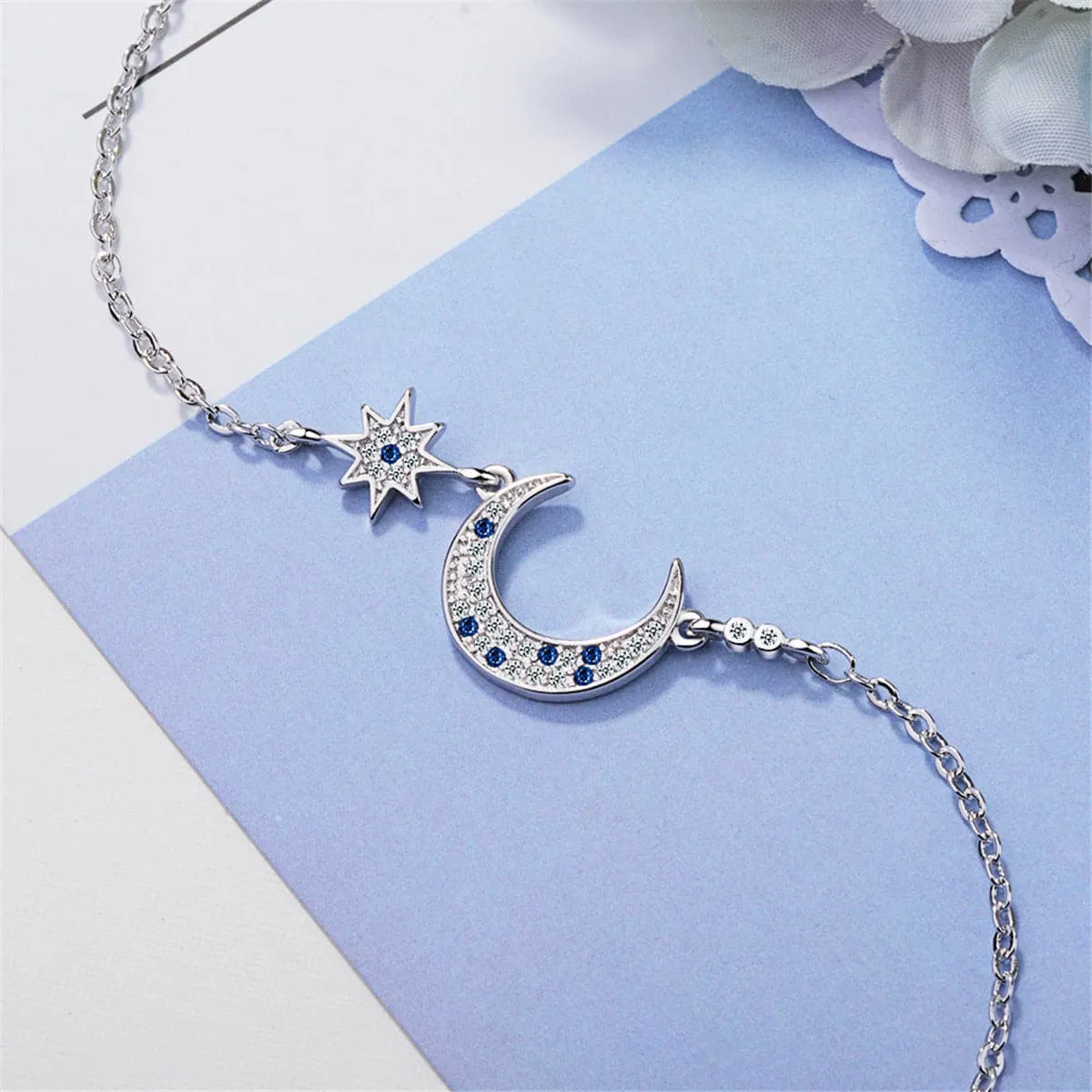 Blue Crystal & Silver-Plated Star & Crescent Moon Bracelet
