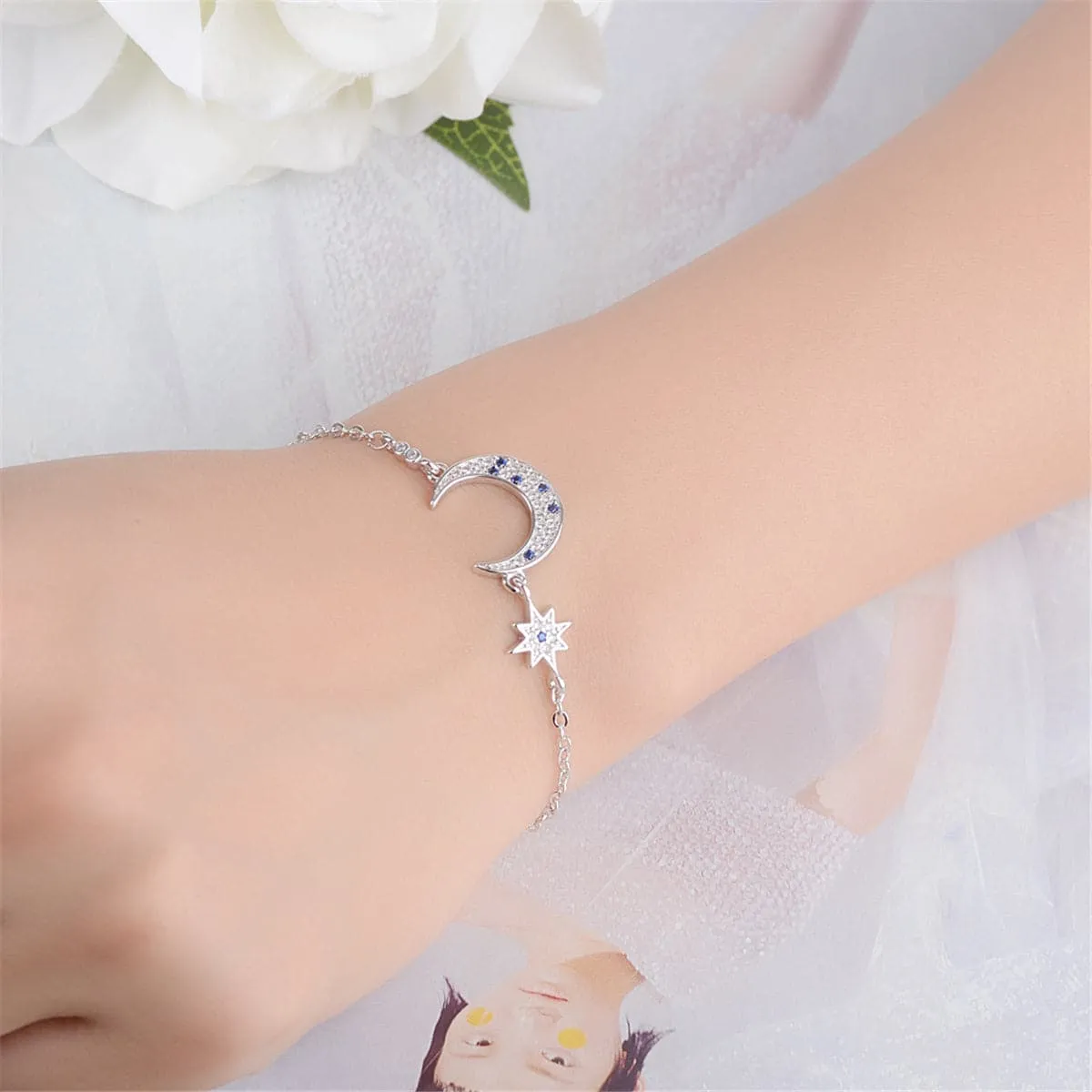 Blue Crystal & Silver-Plated Star & Crescent Moon Bracelet