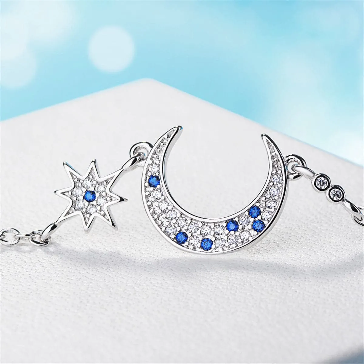 Blue Crystal & Silver-Plated Star & Crescent Moon Bracelet