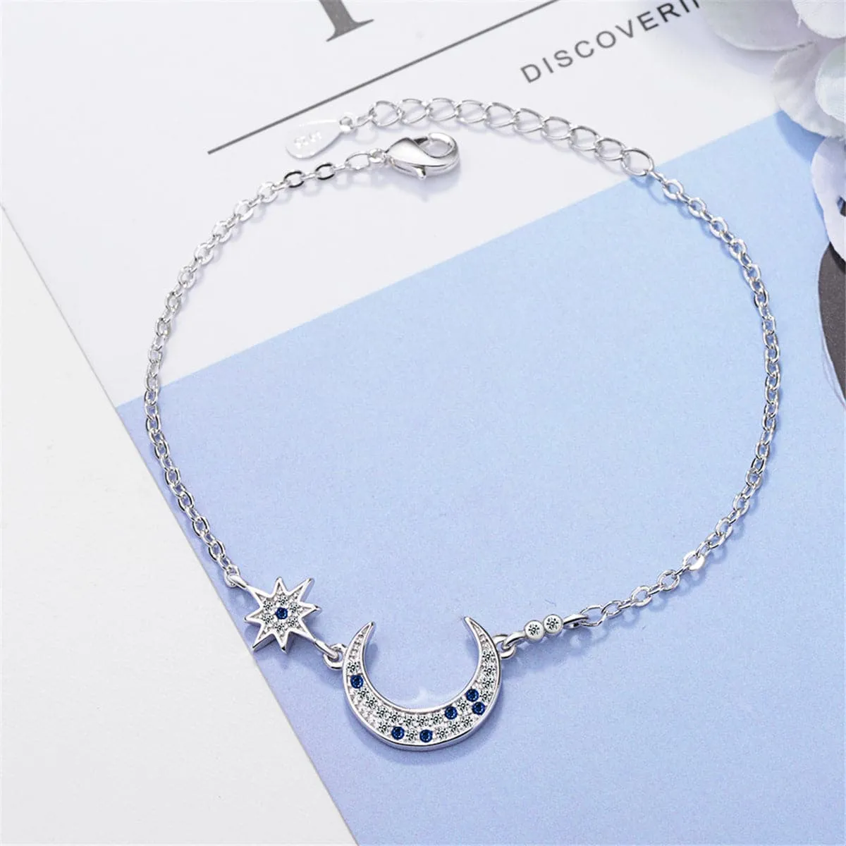 Blue Crystal & Silver-Plated Star & Crescent Moon Bracelet