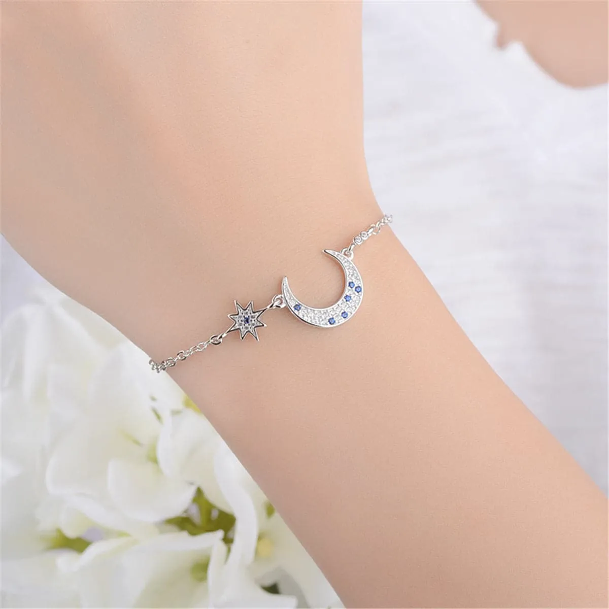 Blue Crystal & Silver-Plated Star & Crescent Moon Bracelet