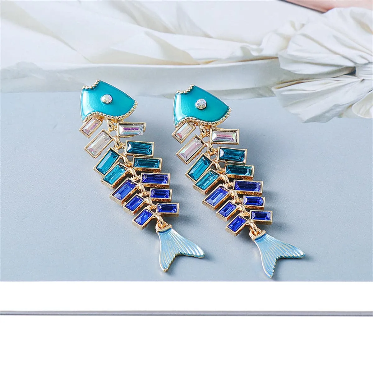 Blue Enamel & Crystal Fish Bone Drop Earrings