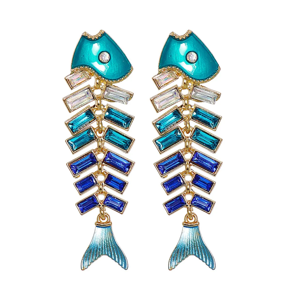 Blue Enamel & Crystal Fish Bone Drop Earrings
