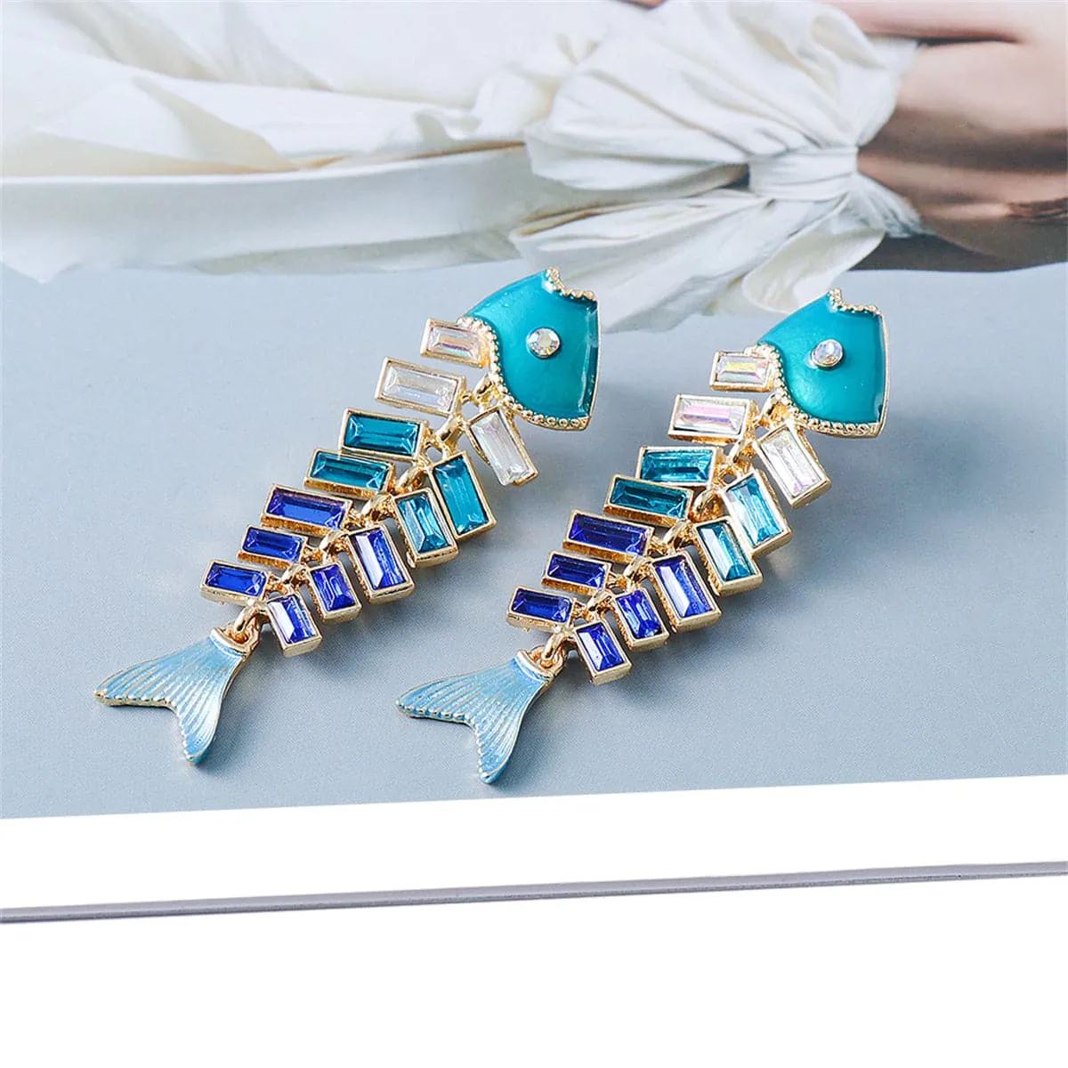 Blue Enamel & Crystal Fish Bone Drop Earrings