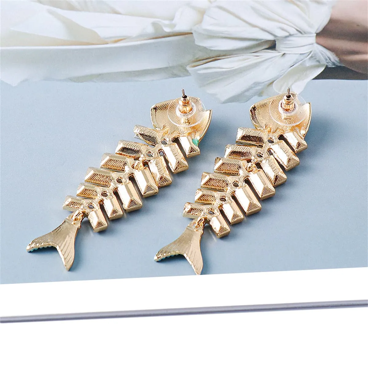 Blue Enamel & Crystal Fish Bone Drop Earrings