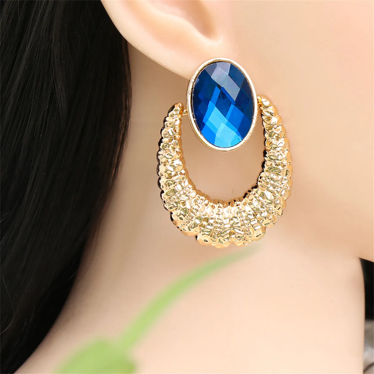 Blue Oval Crystal & 18K Gold-Plated Catch Drop Earrings
