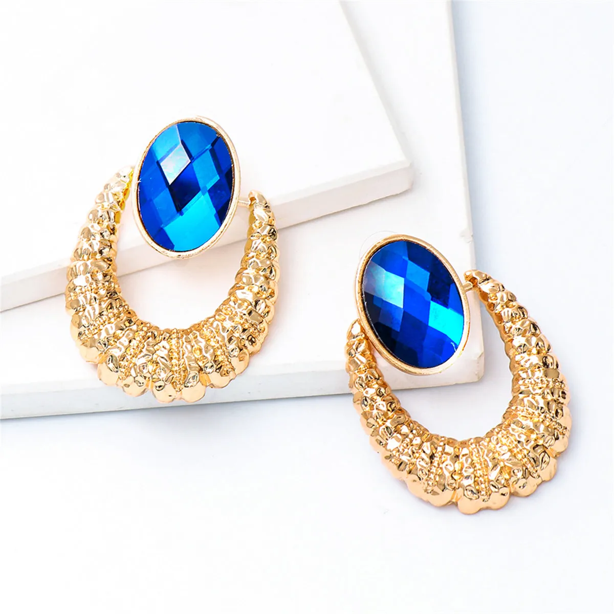 Blue Oval Crystal & 18K Gold-Plated Catch Drop Earrings