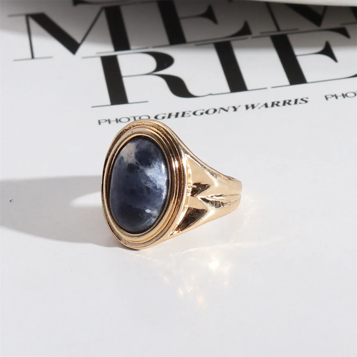 Blue Veinstone & 18K Gold-Plated Oval-Cut Ring