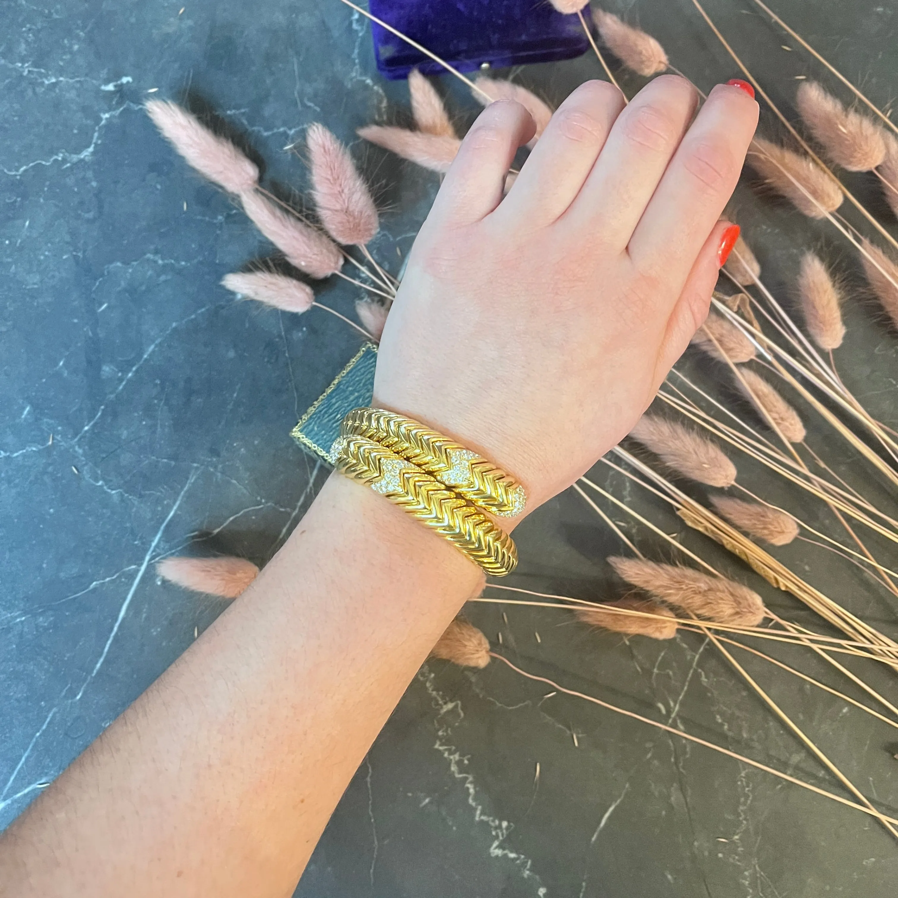 Bulgari Diamond 18 Karat Yellow Gold Spiga Cuff Bracelet