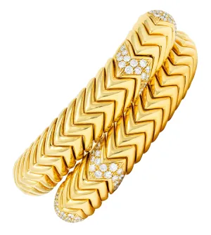 Bulgari Diamond 18 Karat Yellow Gold Spiga Cuff Bracelet
