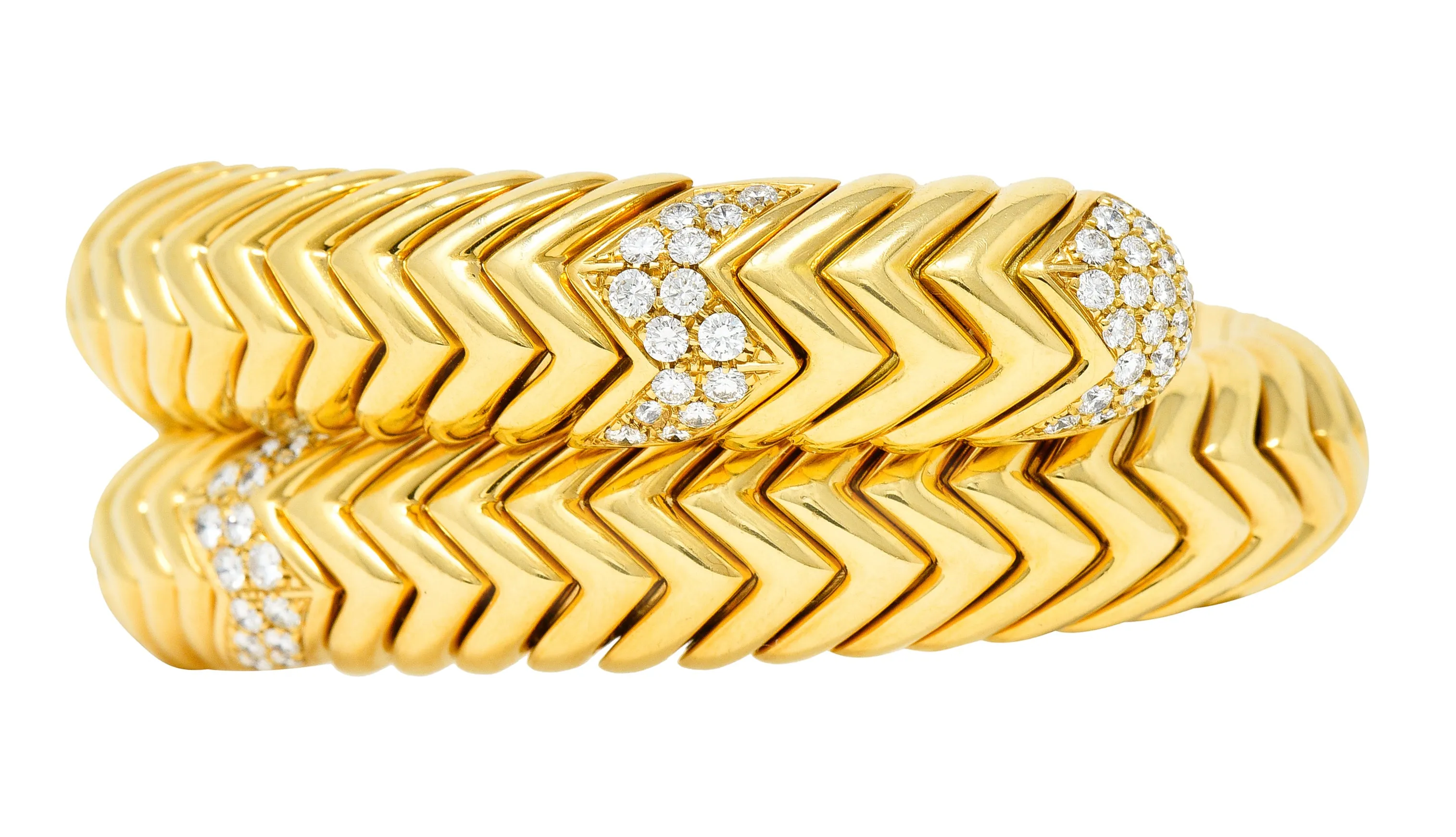 Bulgari Diamond 18 Karat Yellow Gold Spiga Cuff Bracelet
