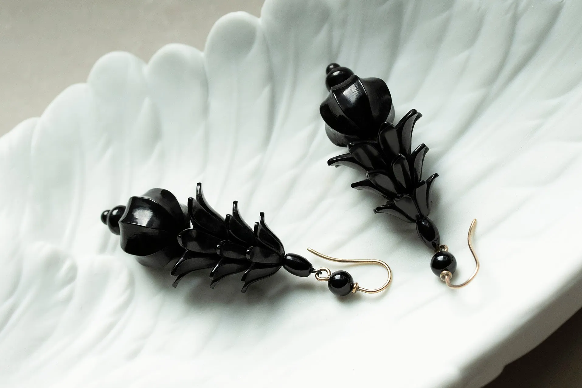 C.1870. Victorian Carved Whitby Jet 'Pagoda' Earrings