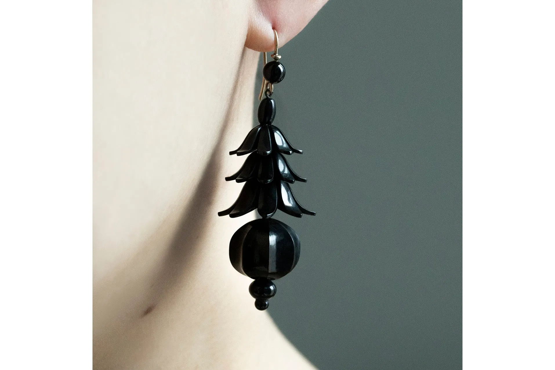 C.1870. Victorian Carved Whitby Jet 'Pagoda' Earrings