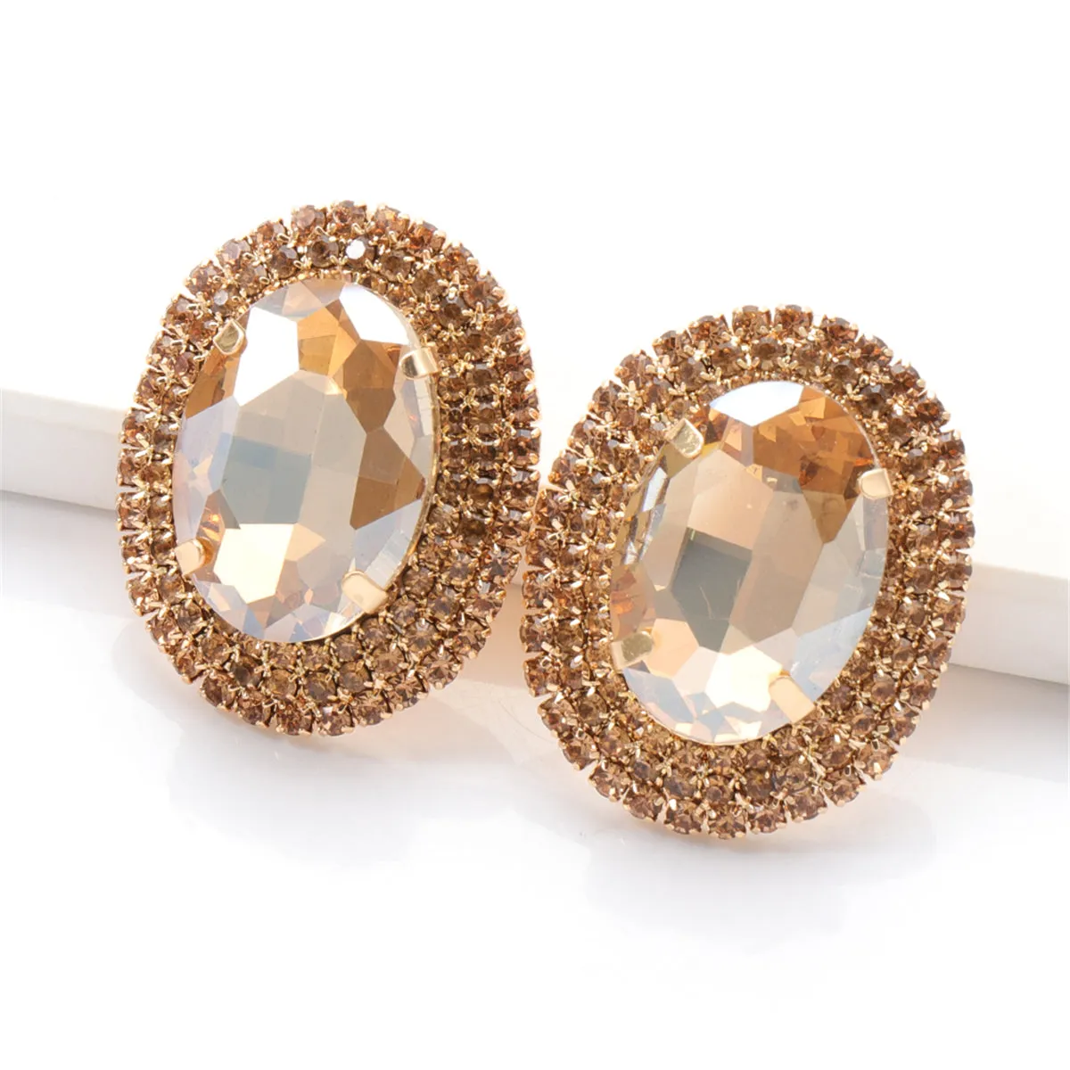 Champagne Crystal & Cubic Zirconia 18K Gold-Plated Oval Stud Earrings