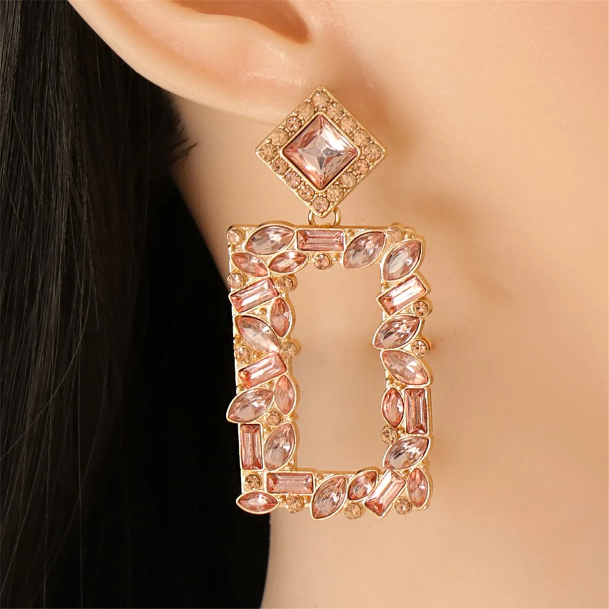 Champagne Crystal & Cubic Zirconia Rectangle Drop Earrings