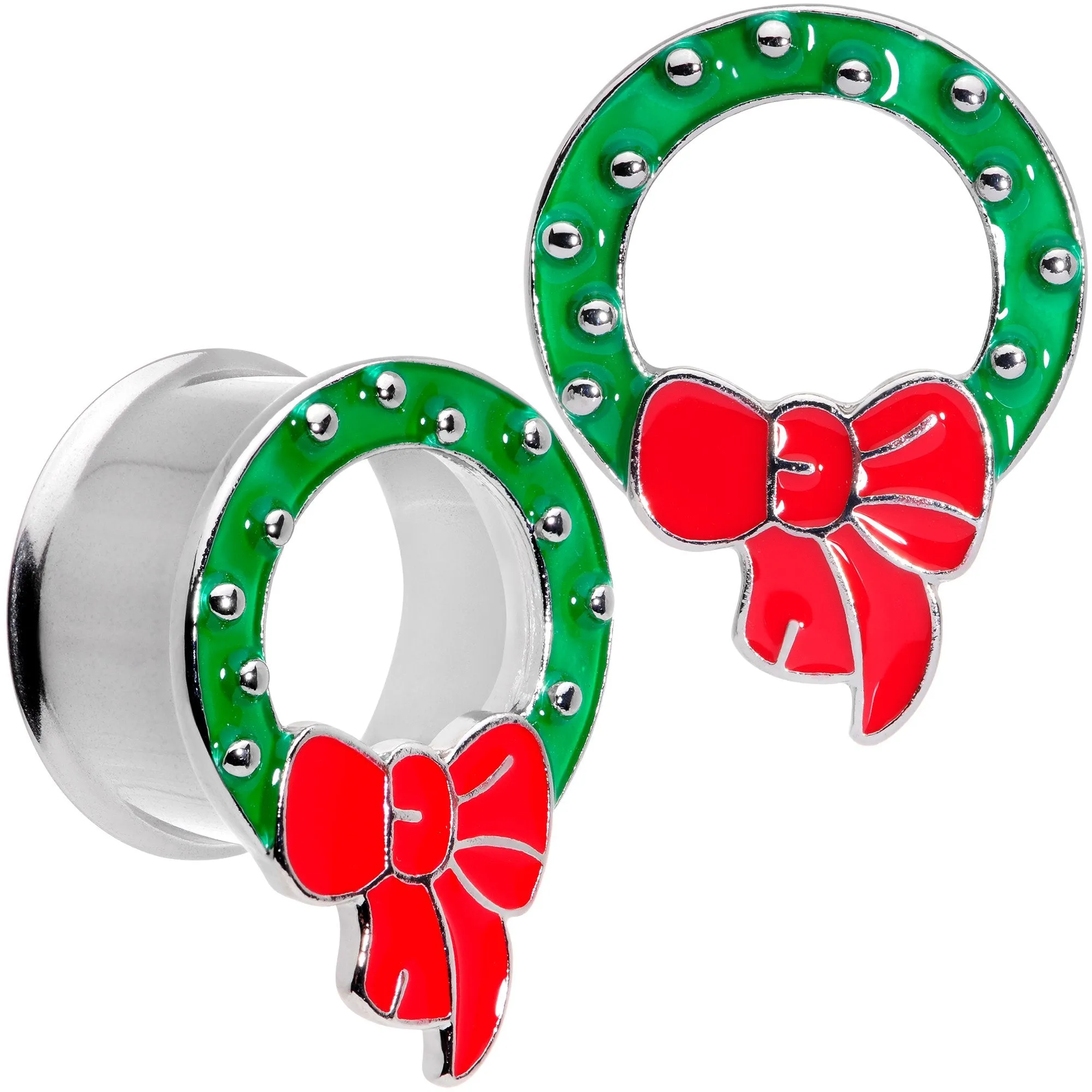 Christmas Wreath Double Flare Tunnel Plug Set 2 Gauge to 1 Inch