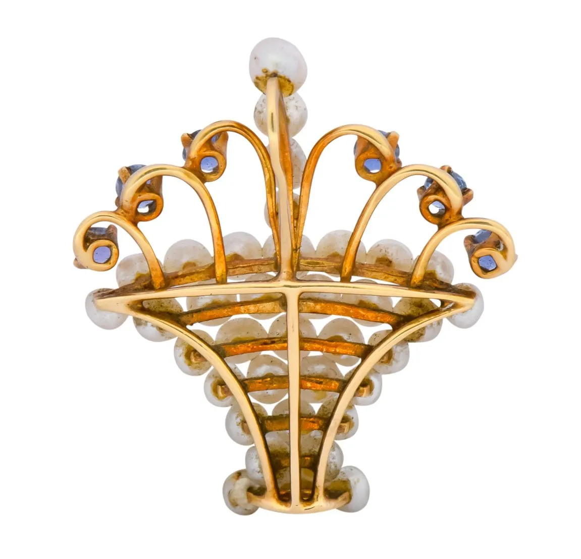 Circa 1900 Edwardian Pearl Sapphire 14 Karat Gold Flower Basket Pendant