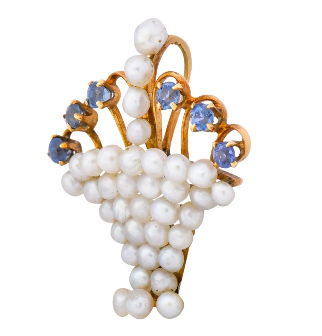 Circa 1900 Edwardian Pearl Sapphire 14 Karat Gold Flower Basket Pendant