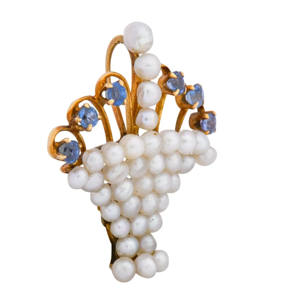 Circa 1900 Edwardian Pearl Sapphire 14 Karat Gold Flower Basket Pendant
