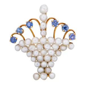 Circa 1900 Edwardian Pearl Sapphire 14 Karat Gold Flower Basket Pendant