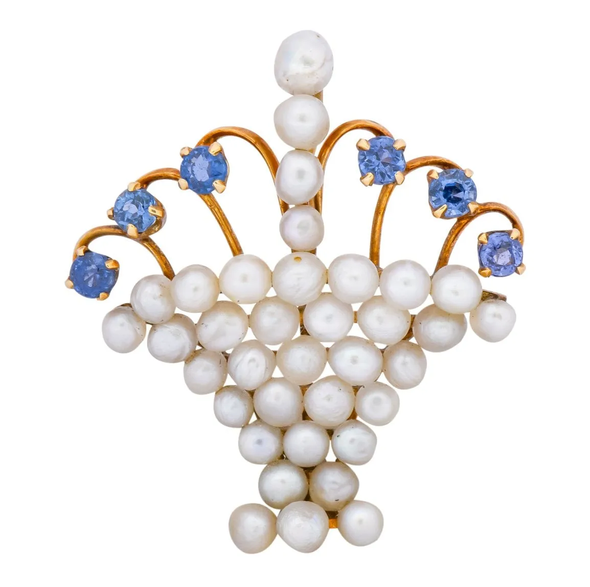 Circa 1900 Edwardian Pearl Sapphire 14 Karat Gold Flower Basket Pendant