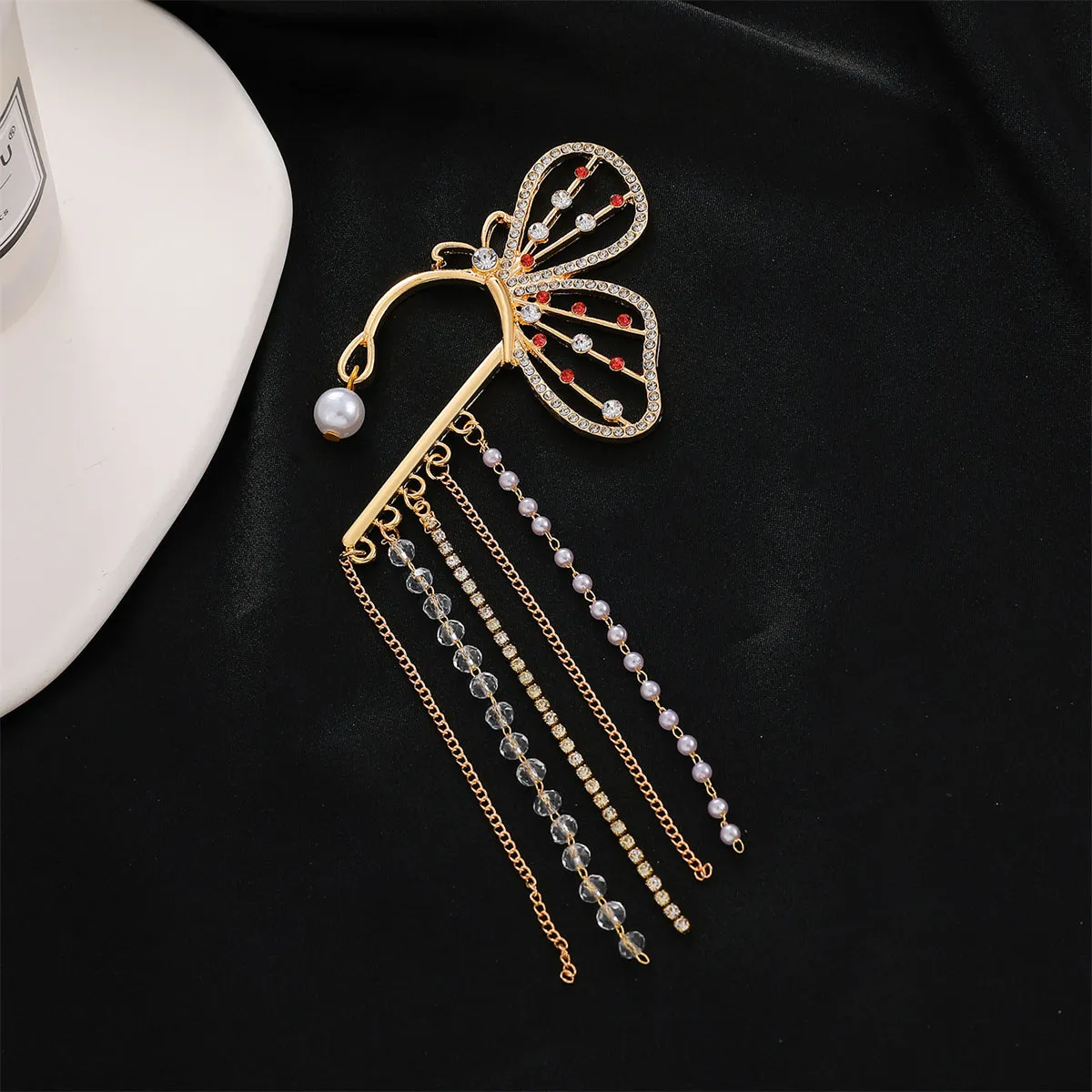 Clear Cubic Zirconia & Pearl 18K Gold-Plated Butterfly Tassel Ear Cuff