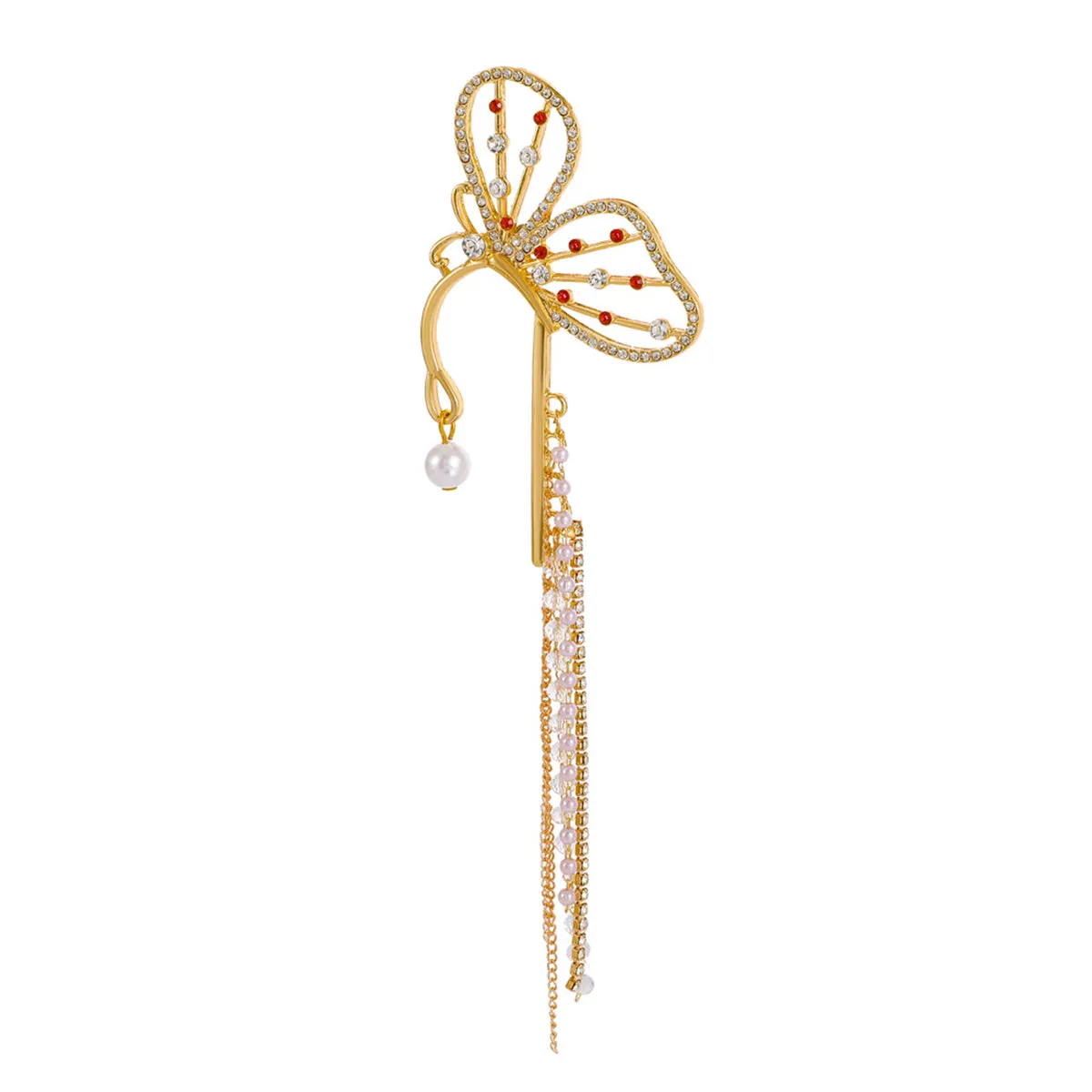 Clear Cubic Zirconia & Pearl 18K Gold-Plated Butterfly Tassel Ear Cuff