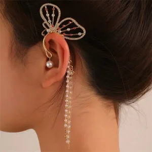 Clear Cubic Zirconia & Pearl 18K Gold-Plated Butterfly Tassel Ear Cuff
