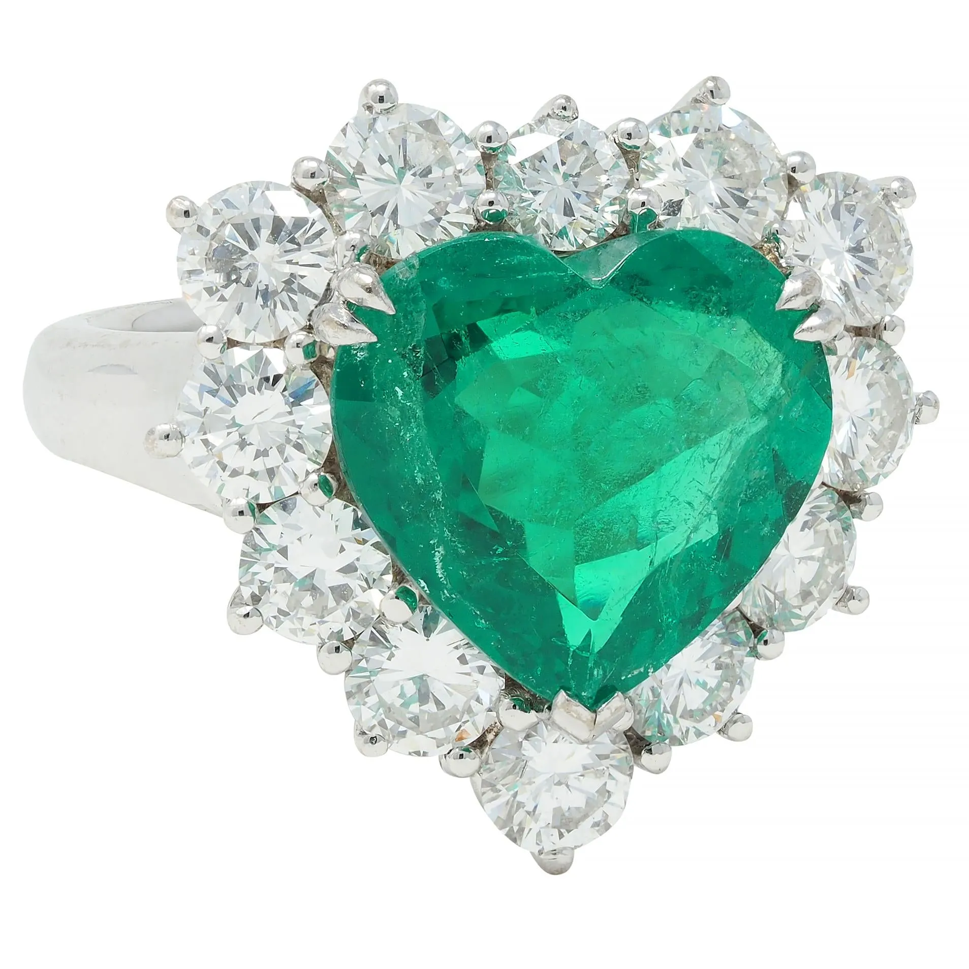 Contemporary 7.00 CTW Colombian Emerald Diamond 18 Karat White Gold Heart Halo Ring AGL
