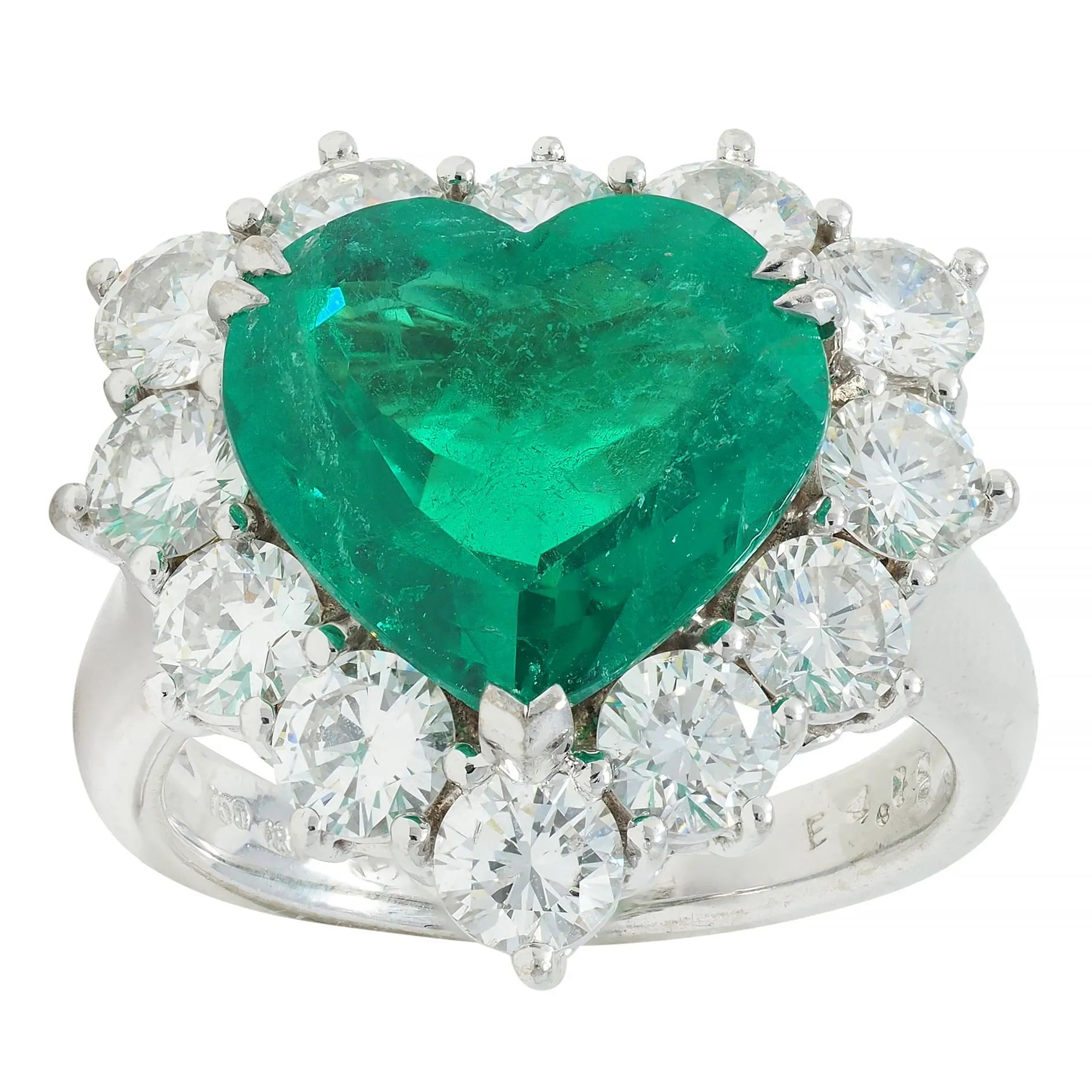 Contemporary 7.00 CTW Colombian Emerald Diamond 18 Karat White Gold Heart Halo Ring AGL