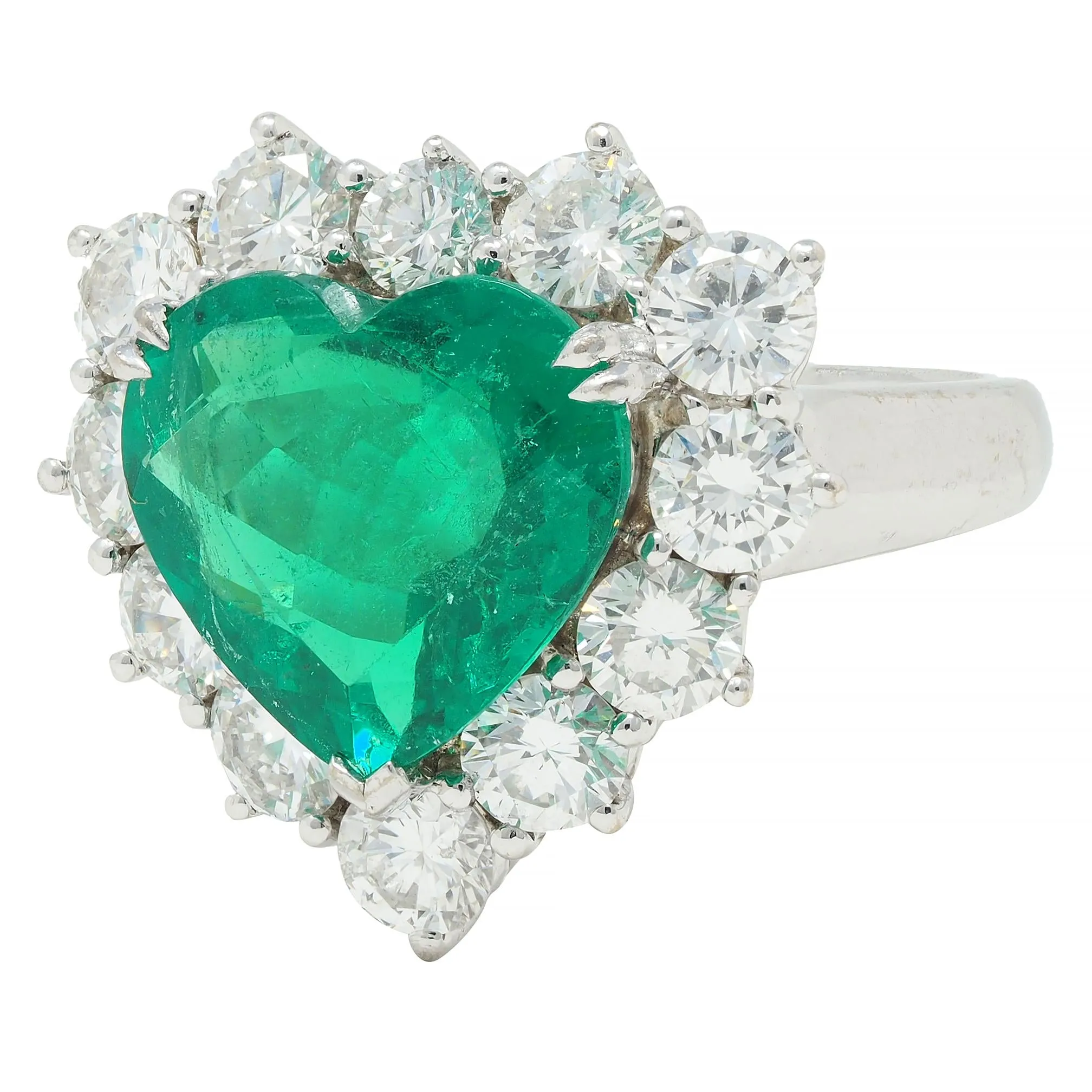 Contemporary 7.00 CTW Colombian Emerald Diamond 18 Karat White Gold Heart Halo Ring AGL