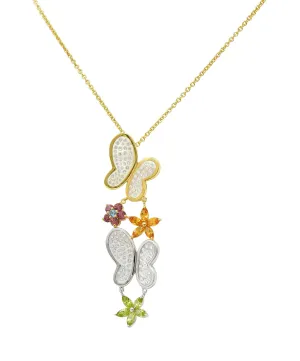 Contemporary Diamond Multi-Gem 18 Karat Two-Tone Gold Flower Butterfly Pendant Necklace