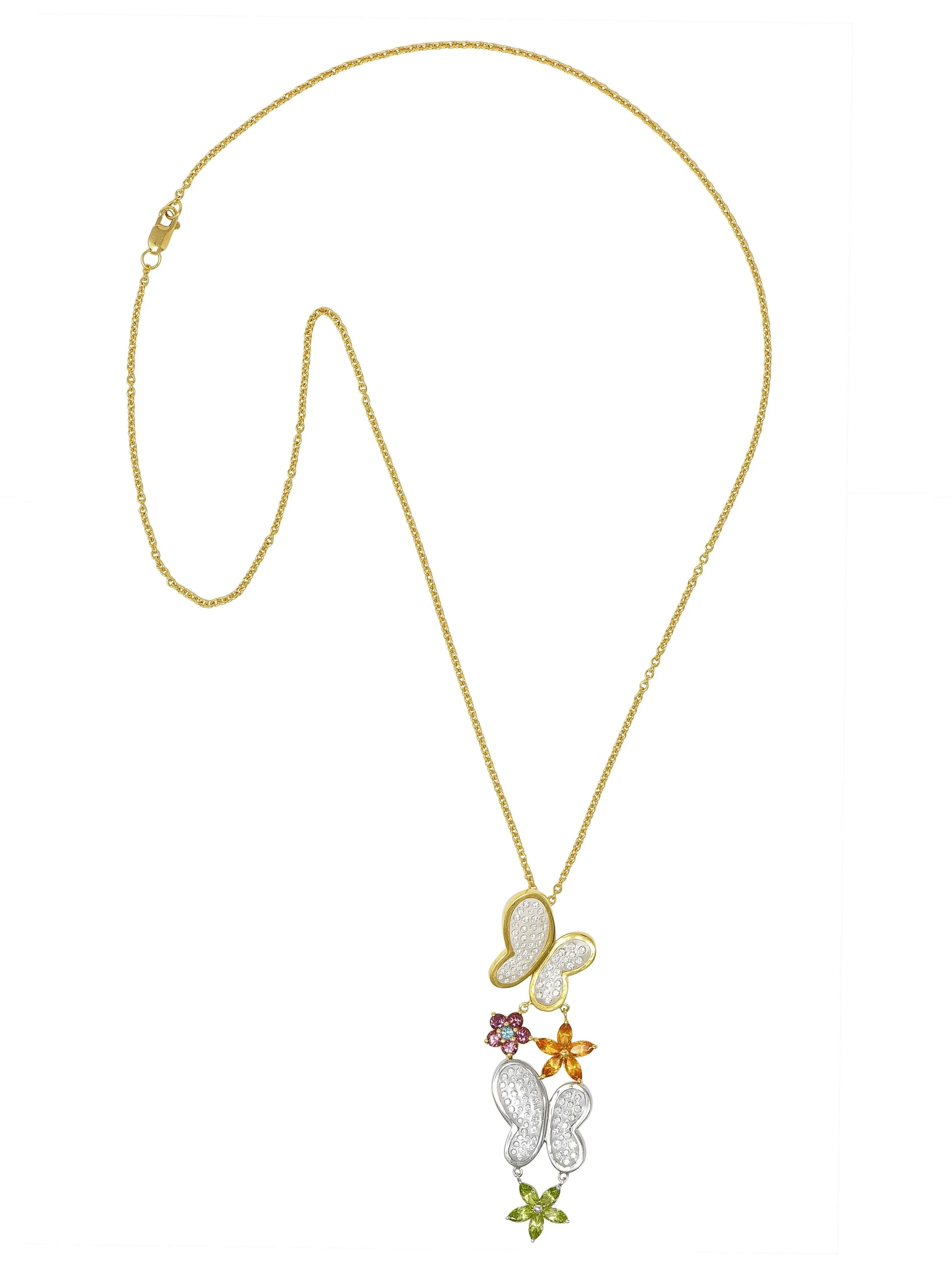 Contemporary Diamond Multi-Gem 18 Karat Two-Tone Gold Flower Butterfly Pendant Necklace