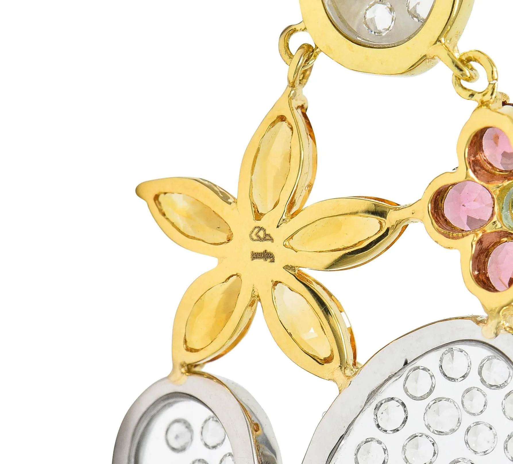 Contemporary Diamond Multi-Gem 18 Karat Two-Tone Gold Flower Butterfly Pendant Necklace