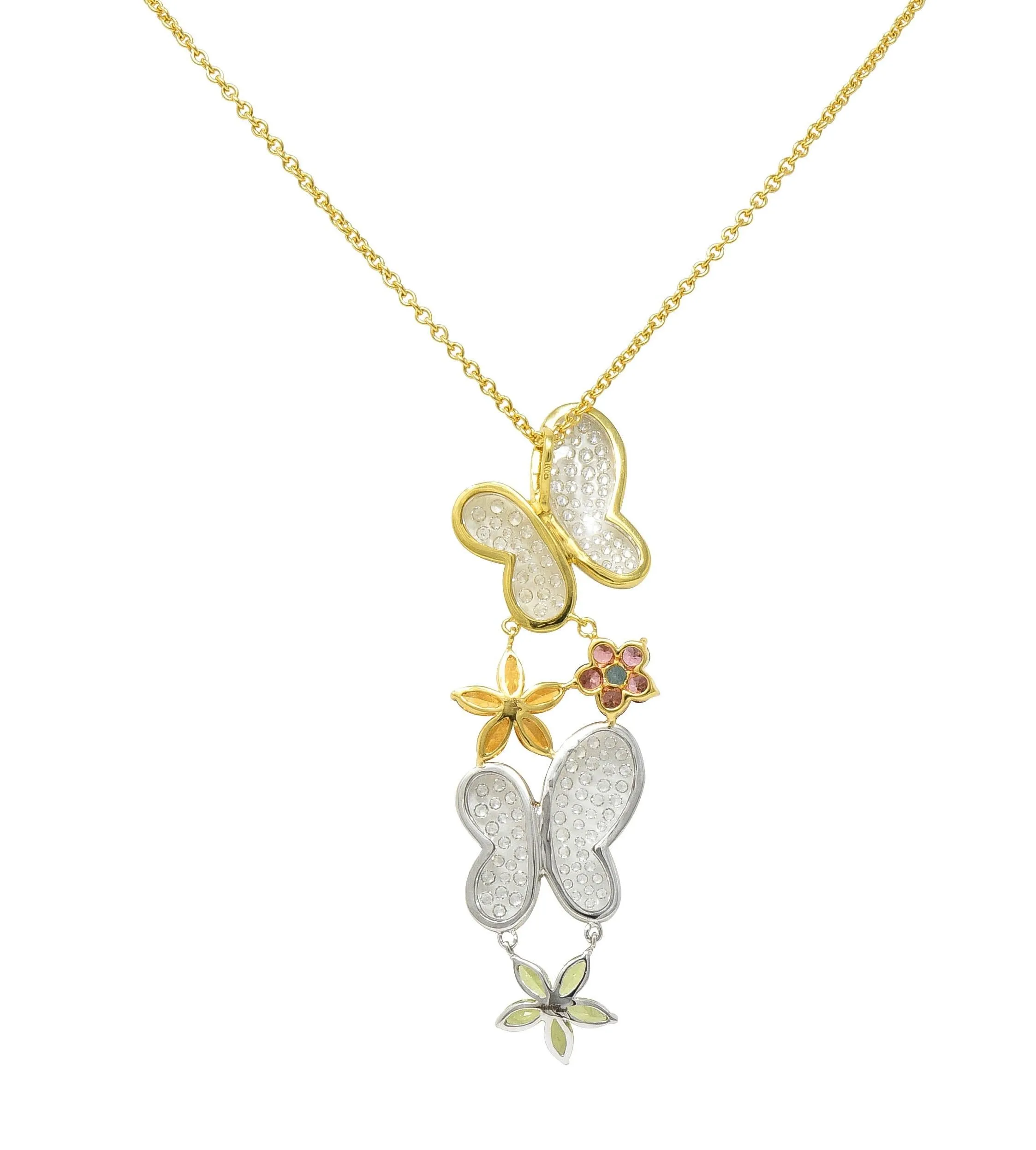 Contemporary Diamond Multi-Gem 18 Karat Two-Tone Gold Flower Butterfly Pendant Necklace
